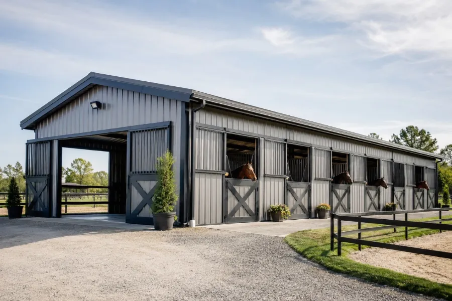 Steel frame horse stable construction